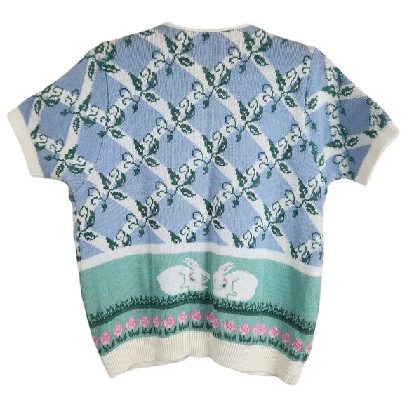 Vintage Spring Floral Bunny Knit Cardigan Sweater MEDIUM Bows Cottage Easter - Picture 9 of 9